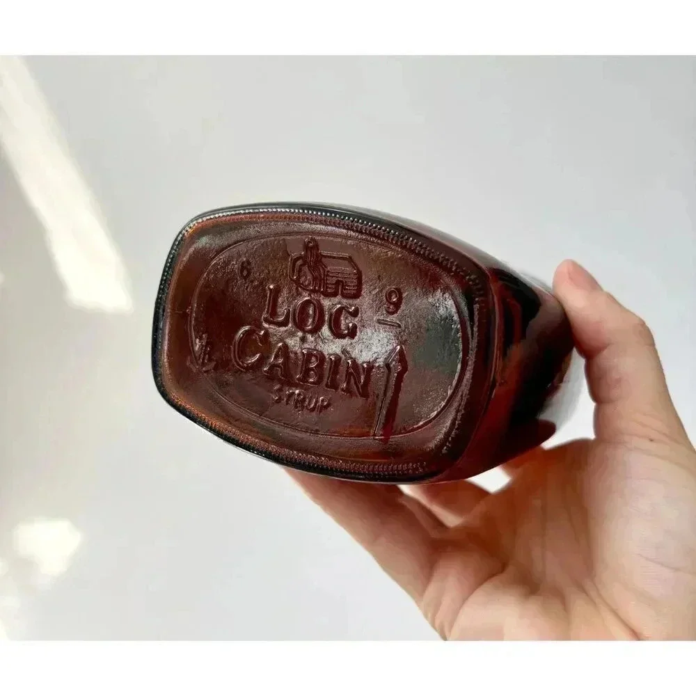 Vintage Dark Browl Glass Log Cabin Syrup Bicentennial Glass Container with Top